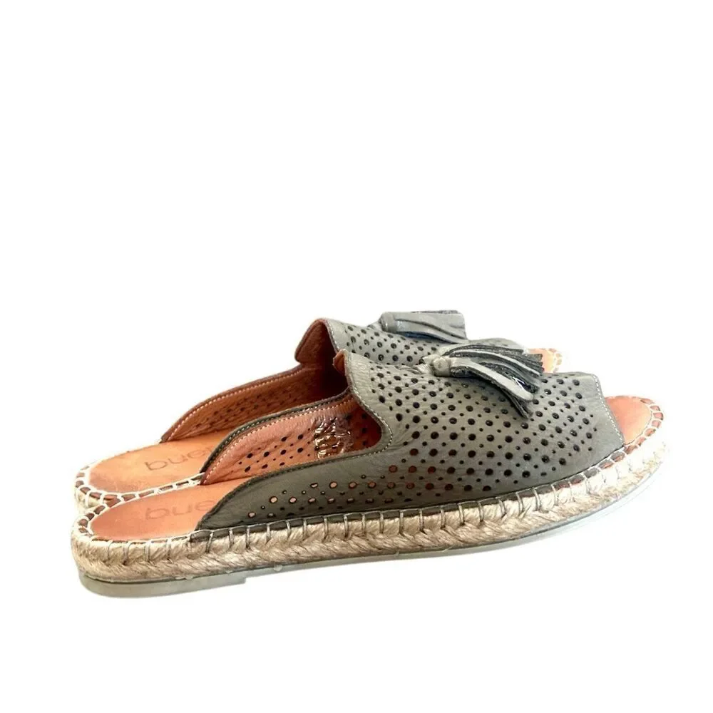 Bueno Navar Leather Laser Cut Peep Toe Slip On Espadrilles Sandals Olive Size 40